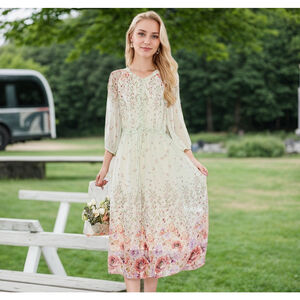 Women's Silk Floral Dress Sheer Sleeve For Wedding Guest Real Silk Life M-L